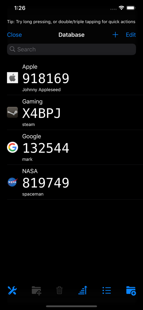 Strongbox Proアプリのインターフェイスのスクリーンショット。Apple、Steam、Google、NASAアカウントの2要素認証コードが表示されています。