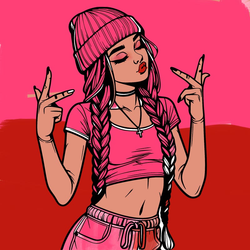realistic teenage girl with braids and a beanie and crop top doing 🫶🏼