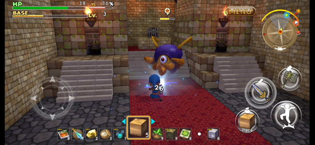 DRAGON QUEST BUILDERS - Gameplay of Dragon Quest Builders on mobile showing a character battling a flying monster inside a stone building.