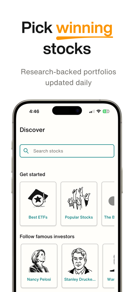 Bloom AI for Investing app Discover screen featuring stock search and famous investor portfolios