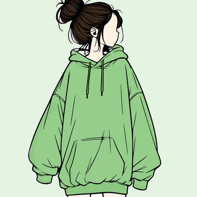 realistic girl with a oversized sweatshirt on and a bun