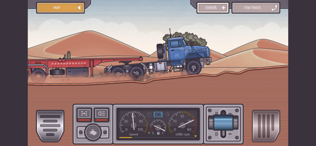 Trucker Ben - Truck Simulator - Un camión azul conduciendo por dunas del desierto en el juego simulador 2D Trucker Ben