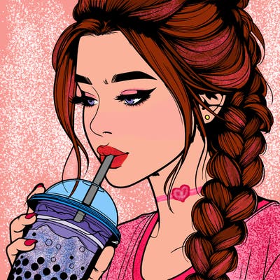 realistic girl drinking boba tea with braided hair