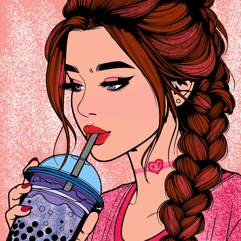 realistic girl drinking boba tea with braided hair
