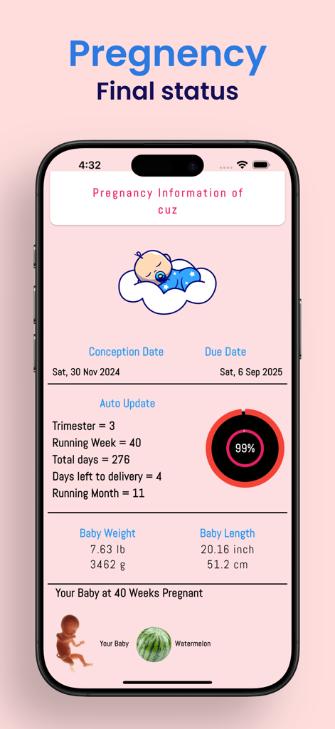 Pregnancy - Baby Tracker App - Captura de pantalla de la aplicación de embarazo que muestra el estado final a las 40 semanas, incluyendo peso, longitud del bebé y una comparación de tamaño con una sandía.