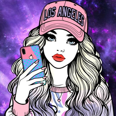 realistic beautiful girl wearing los ángeles cap holding an iphone