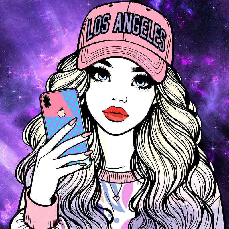 realistic beautiful girl wearing los ángeles cap holding an iphone