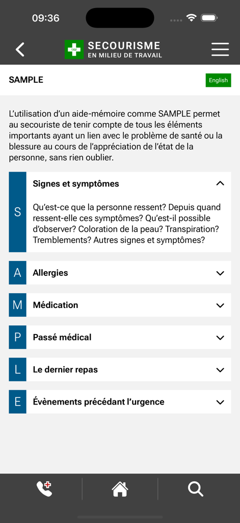 Secourisme - Milieu de travail - Mobile app screen displaying the SAMPLE first aid assessment checklist