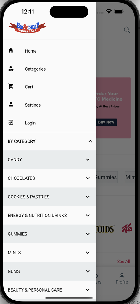 Navigation sidebar of the Big And Cheap Wholesale app displaying product categories such as Candy, Chocolates, and Cookies.