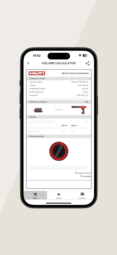 Hilti Volume Calculator - Hilti Volume Calculator app showing mortar volume results and dosage settings on an iPhone