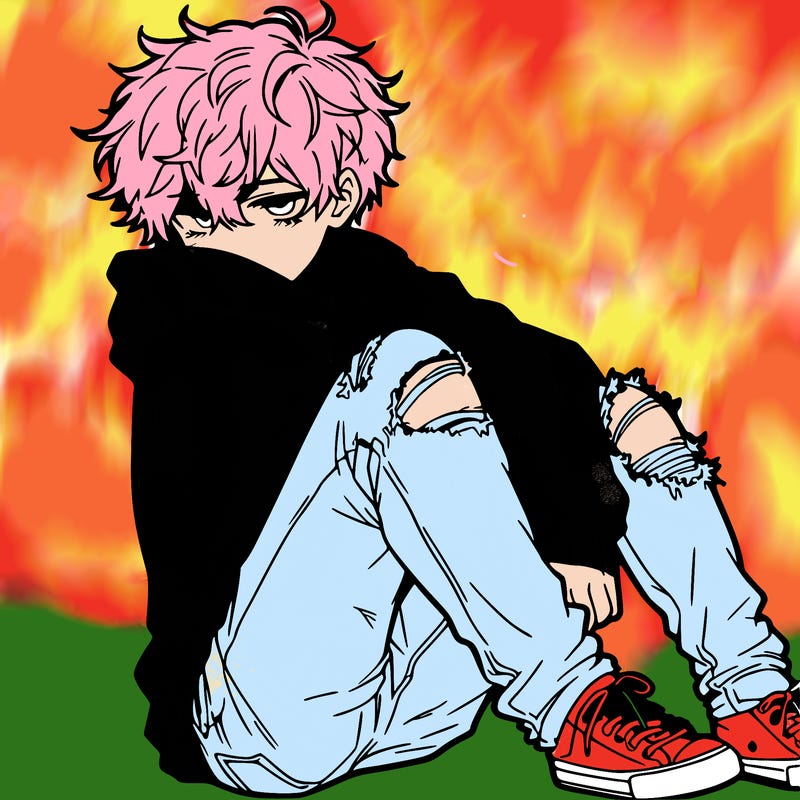 a male hoddie ripped jeans messy hair anime