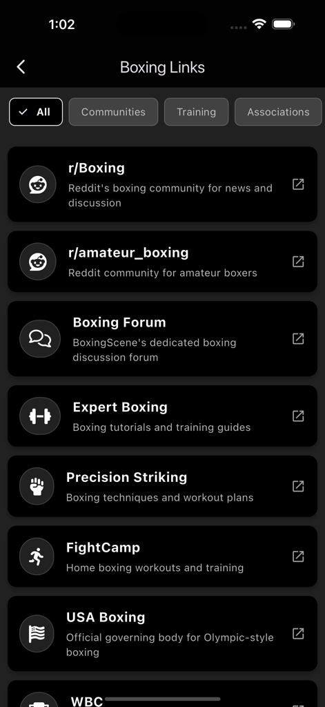 NS Boxing - A list of boxing resources and community links within the NS Boxing app interface