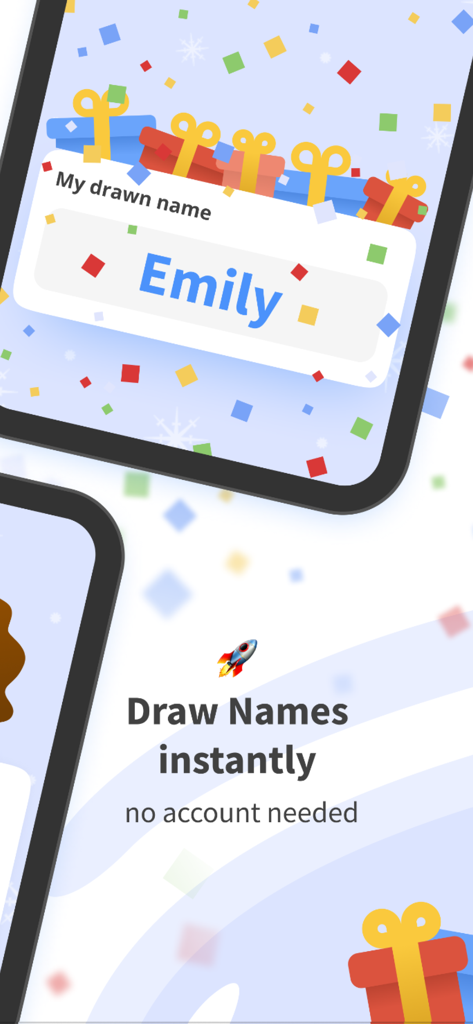 Interface of the drawnames Secret Santa app featuring the instant draw name result and no account required message