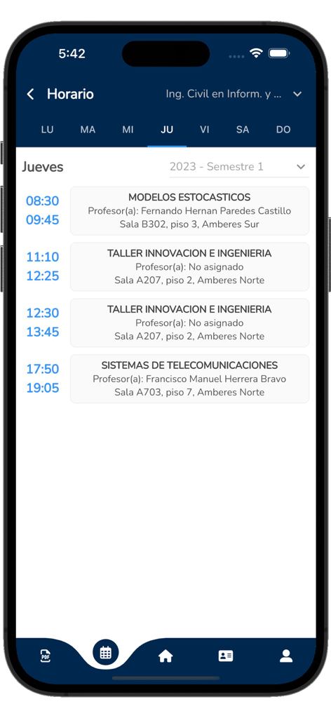 Mi Finis - Mi Finis app screen showing a student daily class schedule with course names times and classroom locations