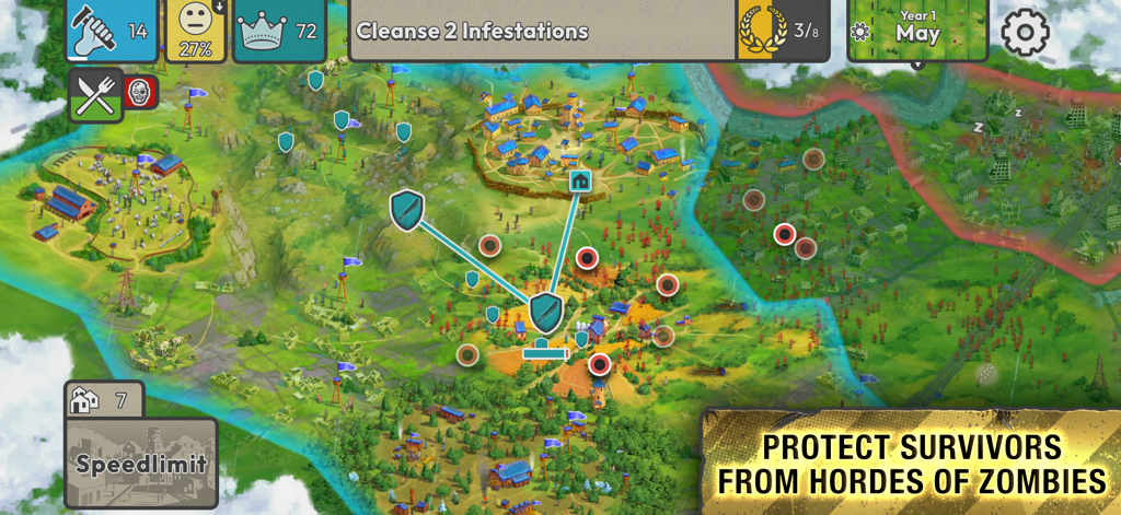 After Inc. - A tactical map view in After Inc showing settlements protected from zombie infestations with a text overlay reading protect survivors from hordes of zombies