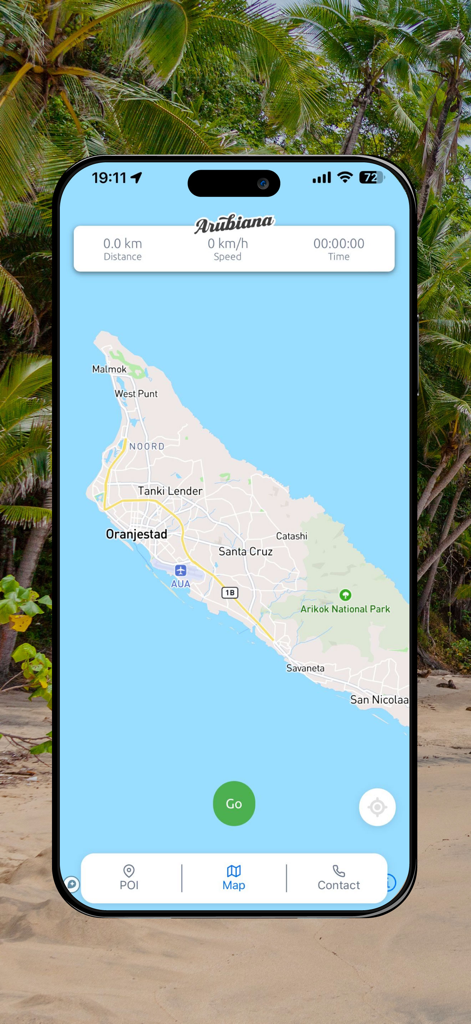 Arubiana - Arubiana app navigation interface showing a map of Aruba with distance and speed tracking metrics