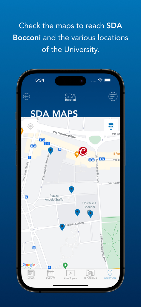 SDA Bocconi app interface showing an interactive map of the university campus locations.
