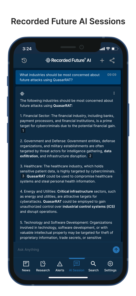 Recorded Future - Ein Smartphone-Bildschirm, der die Recorded Future AI-Sitzungsoberfläche zeigt und Einblicke in die Bedrohungsintelligenz zu Malware-Zielen liefert.