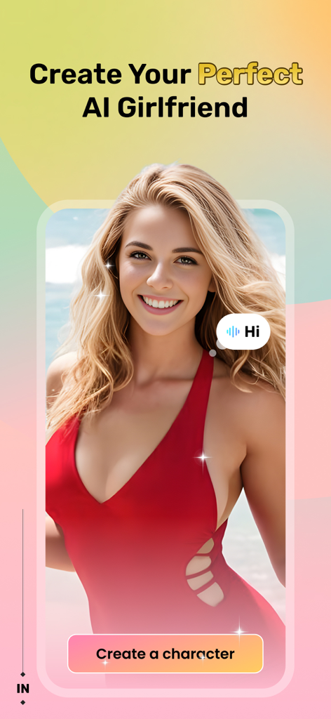 Chatr AI: Chat, Play, Fantasy - Captura de pantalla de la aplicación Chatr AI con el texto Crea tu novia IA perfecta y un personaje de IA en un traje de baño rojo