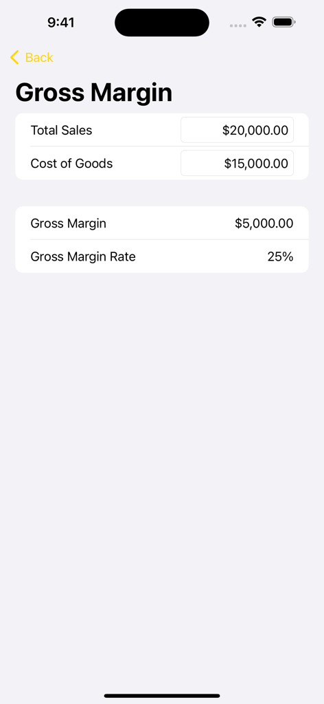 Business Calculator + - Interface de l'application Business Calculator montrant un calcul de marge brute avec le coût des marchandises vendues et un résultat de marge de 25 %