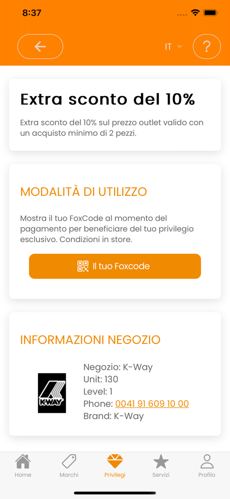 FoxPrivilege - FoxPrivilege app screen showing an extra 10 percent discount for the K-Way store