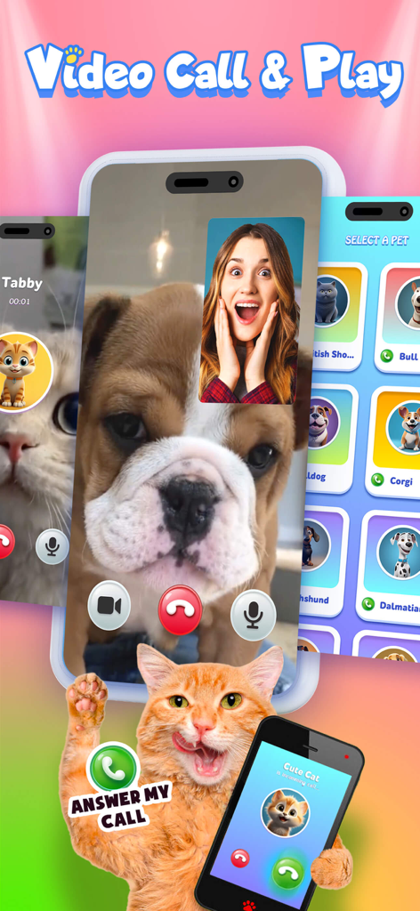 A mobile interface for the PawsTalk app showing a simulated video call between a woman and a bulldog with a menu to select different pets
