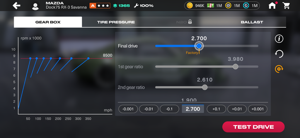 Nitro Nation World Tour - A technical gearbox tuning interface for a Mazda RX3 in Nitro Nation World Tour showing gear ratio adjustments and performance graphs