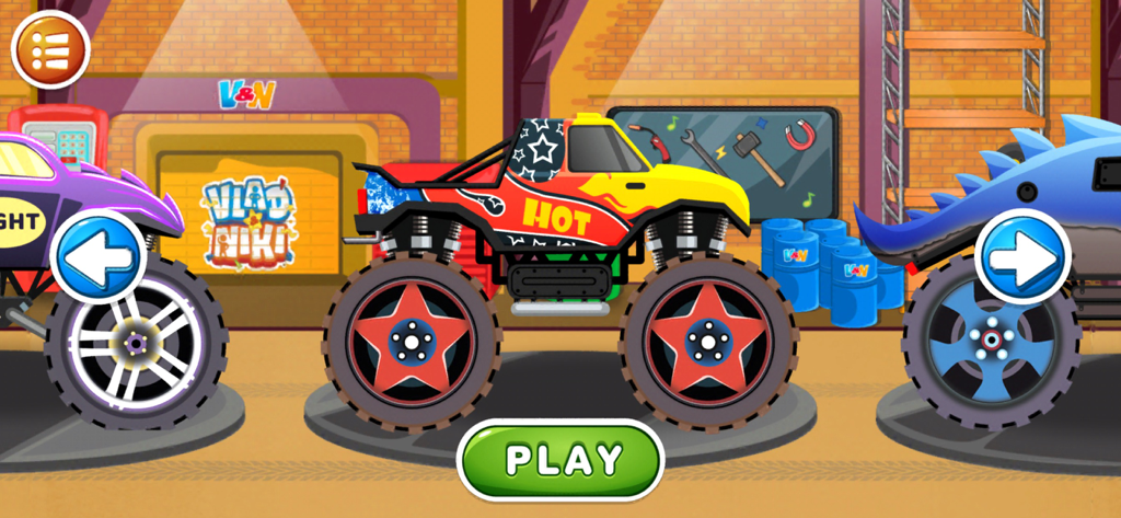 Monster-Truck-Auswahlmenü in der Garage des Vlad und Niki-Spiels