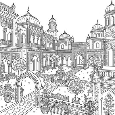 Immerse yourself in the grandeur of an ornate palace courtyard, specifically designed for teen colorists. This detailed coloring page features intricate architecture, lush gardens, and a serene fountain, offering hours of creative engagement.