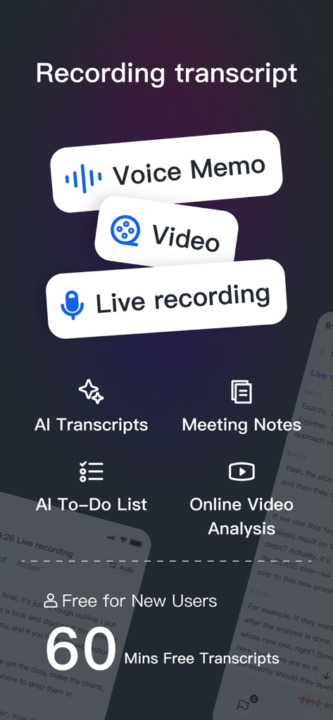 Tinrec Transcribe Voice Notes - Interfaz de la aplicación Tinrec que muestra opciones de grabación para notas de voz, videos y audio en vivo con funciones de transcripción por IA