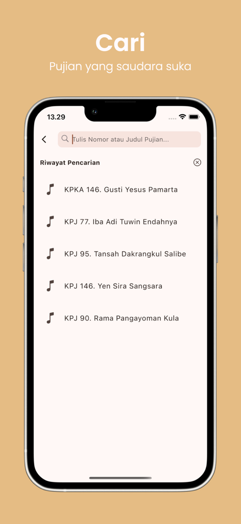 Kidung Pasamuan Jawi ⁺ - Search interface of the Kidung Pasamuan Jawi app showing hymn search history and a search bar for Javanese hymns.