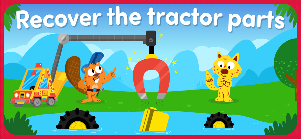 Animal Rescue: Kids games FULL - A beaver character using a magnet crane to recover tractor parts from a river in a kids educational game.