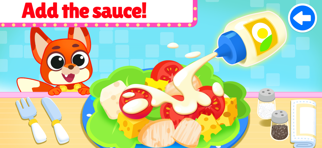 Restaurant Cooking food games - Una volpe cartone animato che guarda il sugo versato su un'insalata fresca in un gioco di cucina per bambini