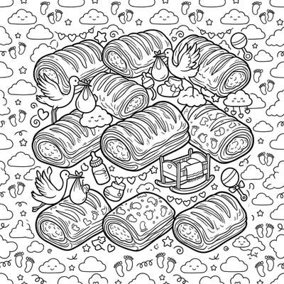 Get ready to celebrate new beginnings with this charming Baby Shower Sausage Rolls coloring page. It's a deliciously cute activity, perfect for expectant parents, party guests, or anyone who loves creative fun.
