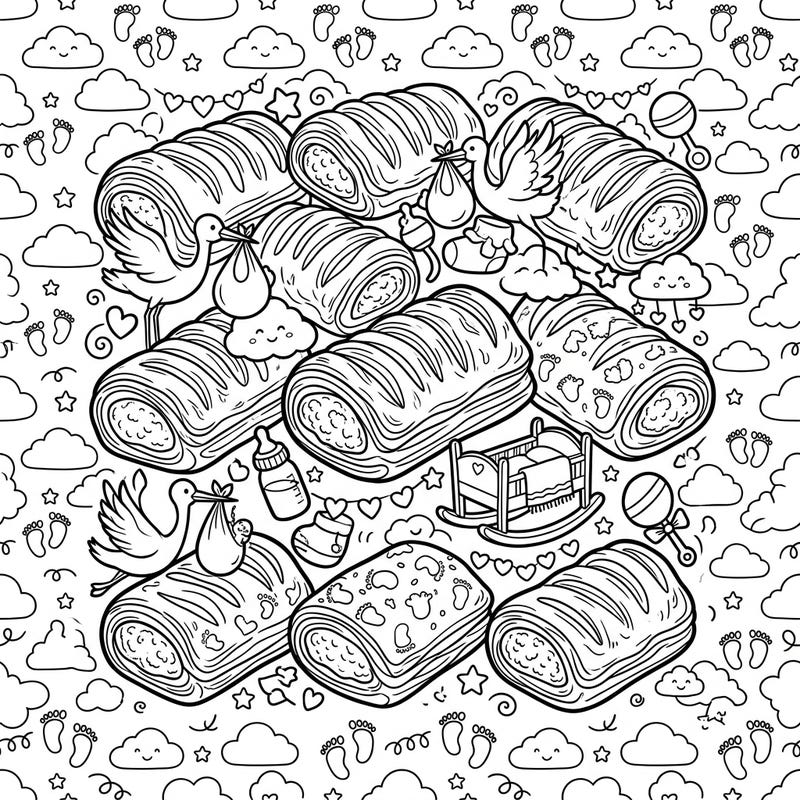Get ready to celebrate new beginnings with this charming Baby Shower Sausage Rolls coloring page. It's a deliciously cute activity, perfect for expectant parents, party guests, or anyone who loves creative fun.