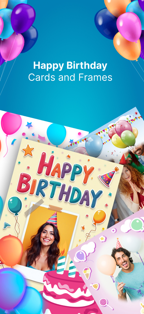 Create birthday greeting cards - Una colección de coloridas tarjetas de felicitación de cumpleaños y marcos de fotos decorados con globos