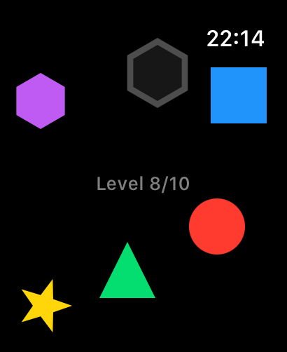 Shape Match - Watch Mini Games - Jugabilidad de Shape Match en Apple Watch que muestra formas geométricas coloridas y un agujero objetivo sobre un fondo negro