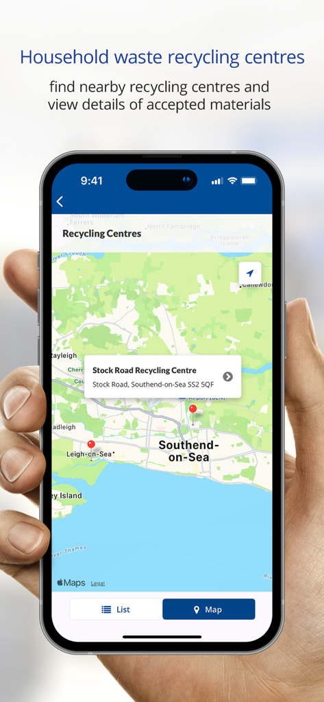 Southend Waste - A smartphone screen showing the Southend Waste app with a map highlighting locations of household waste recycling centres in Southend on Sea.
