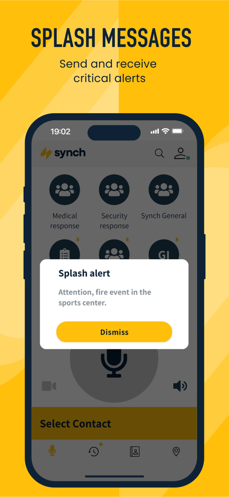 Synch Push To Talk (PTT) - Pantalla de smartphone que muestra un mensaje de alerta crítica en la aplicación Synch PTT