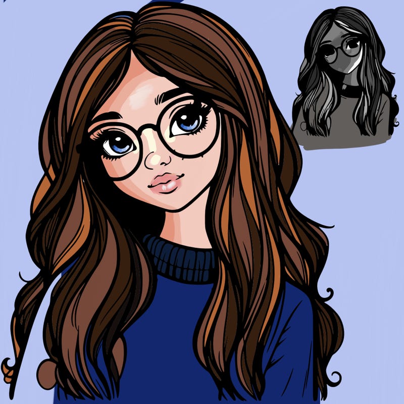 girl with long hair and freckles and realistic glasses