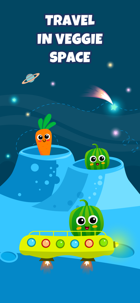 Yummies! Healthy Food games - Yummies 건강 음식 게임에서 우주를 여행하는 귀여운 채소 캐릭터