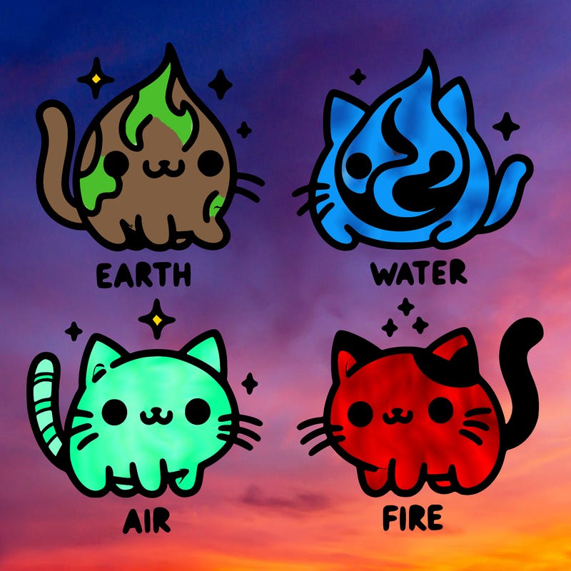 4 cats that represent the different elements, earth, water, air, and fire