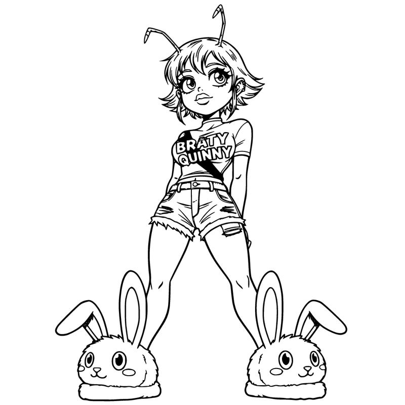 so i want a girl, but no normal one. she is a alien and has antennas and has glossy lips with a cute top that’s green and black that says: braty quinny and wears short jeans and she is wearing cute bunny slippers with short hair and she is looking upwards like she doesn’t care about anything.