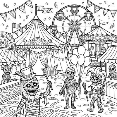 Step right up to a one-of-a-kind carnival experience where ancient bog mummies are the life of the party! This intricate coloring page invites you to bring a ghoulishly good time to life with your favorite colors.
