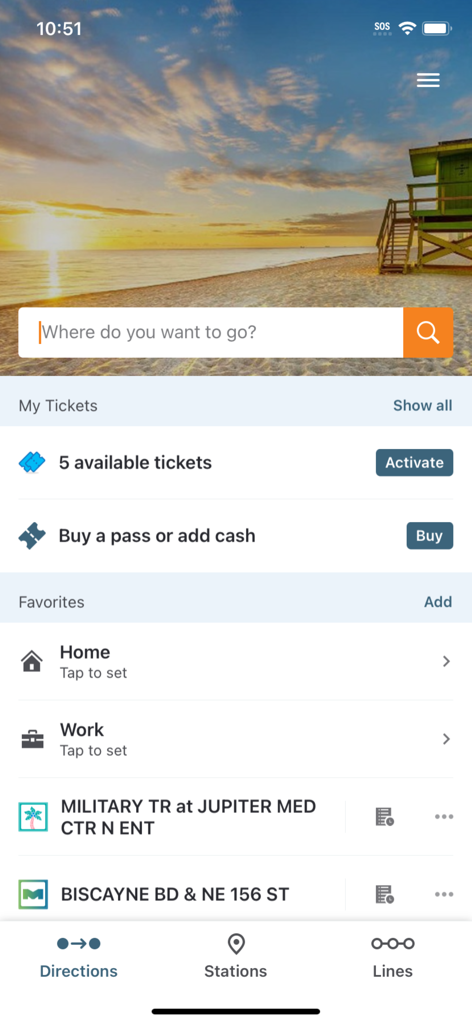 SoFloGO - SoFloGO app home screen featuring ticket activation, pass purchase, and favorite transit locations