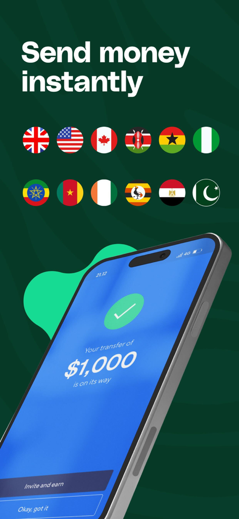 Afriex - Money transfer - Un smartphone que muestra una transferencia exitosa de mil dólares en la aplicación Afriex.