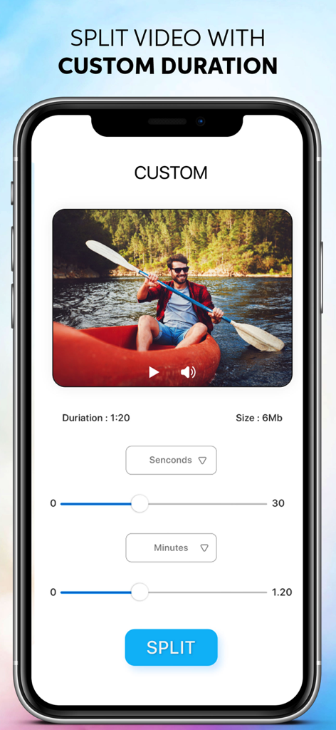 Video Splitter Cut Story Maker - iPhone screenshot showing the custom duration split feature in the Video Splitter app