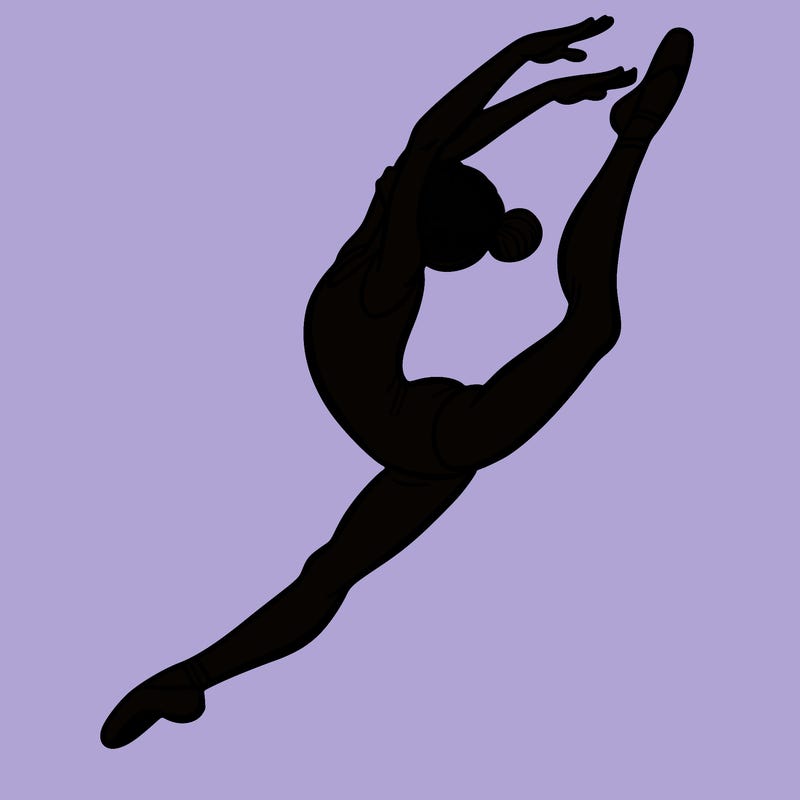 gymnast doing a leap in a leotard with a bent back leg