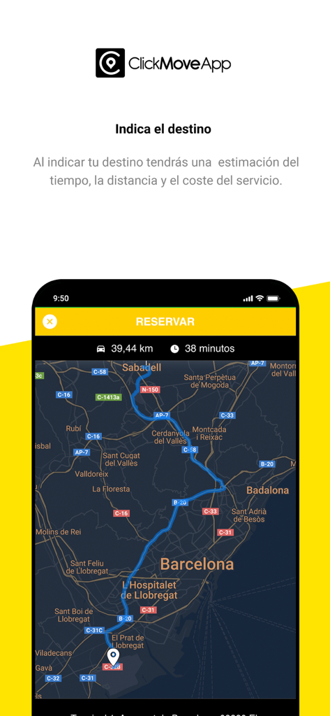 Click Move App - Click Move App Benutzeroberfläche, die eine Karte von Barcelona mit einer hervorgehobenen Route und einer Zeitschätzung für die Fahrt anzeigt.
