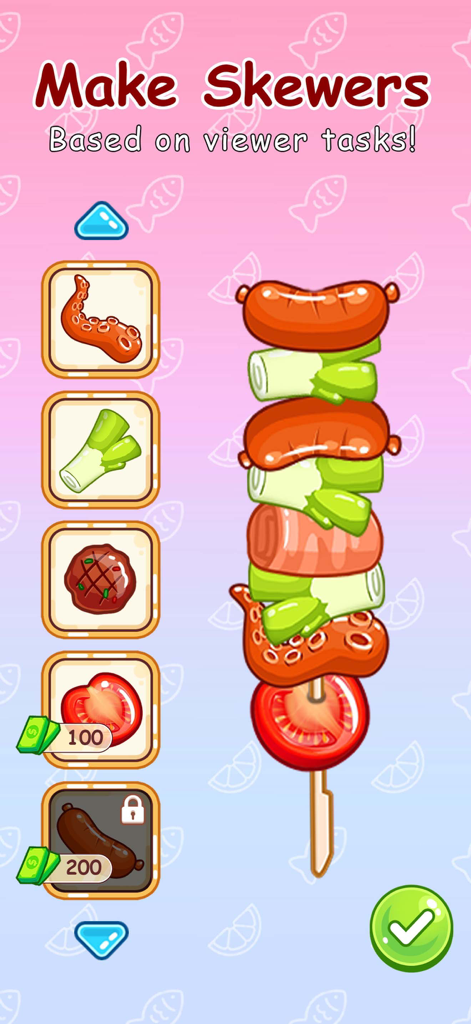 A mobile game screen showing a colorful food skewer being assembled with sausages, octopus, and vegetables based on viewer requests in Mukbang Live.